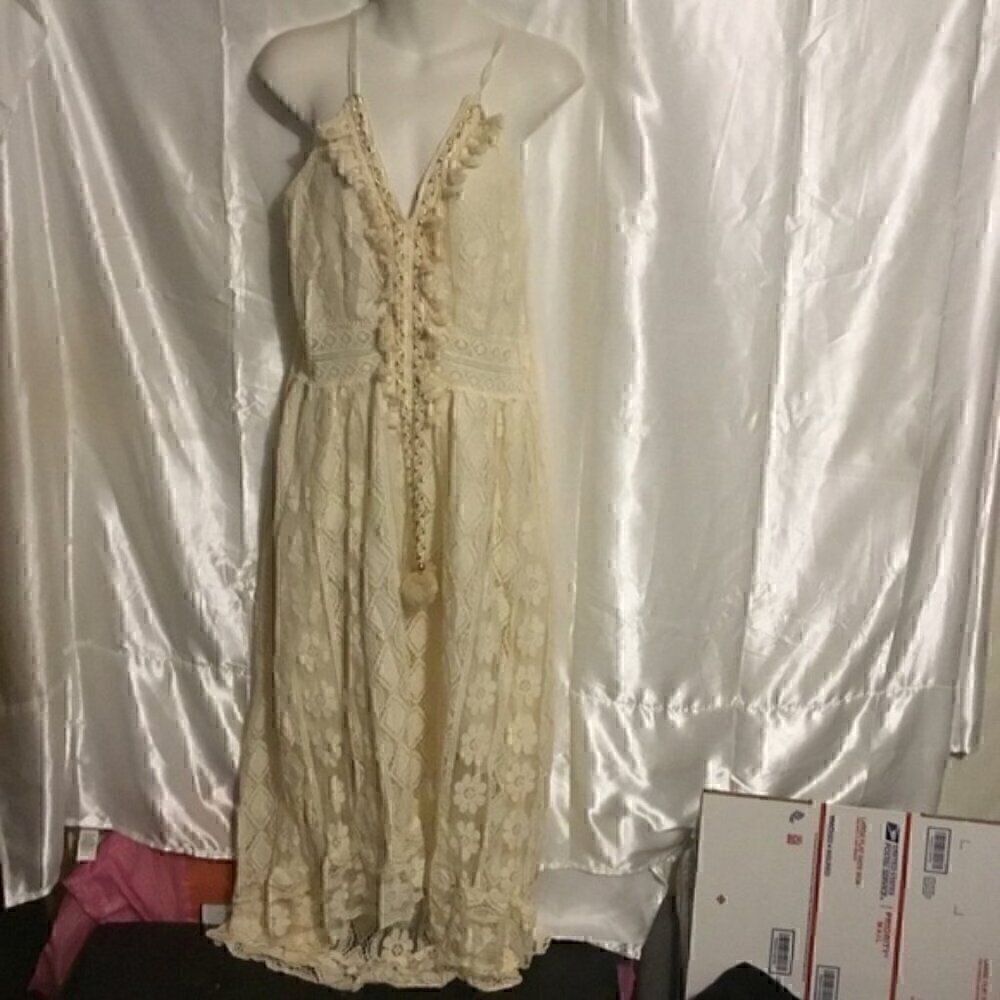 Women's Lace Hollow Out Tassel Trim V Neck Bohemian Maxi Dress L - Picture 8 of 15